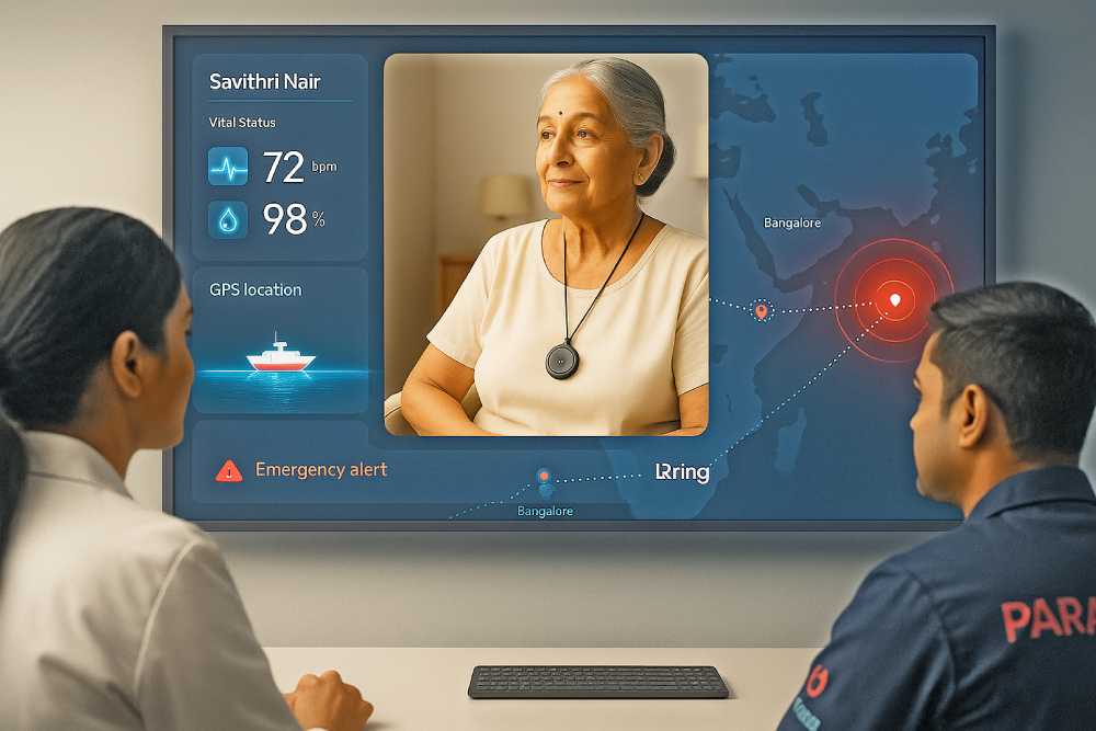 Elderly person using telemedicine support via medical alert device